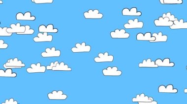 Mavi gökyüzünden hareket eden çizgi roman bulutları. Gökyüzü bulutlu elementler hareket ediyor. 4K canlandırması.