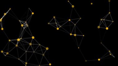 Siyah arkaplanda rastgele hareket eden üç boyutlu sarı noktalar. 4K içinde modern teknoloji ekran koruyucu animasyonu.