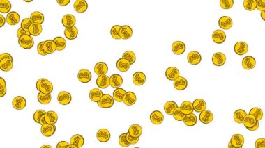 Birçok bitcoin madeni para düşüyor. Beyaz arka planda el çizimi dijital para birimleri. 4K içinde ekran koruyucu canlandırması.