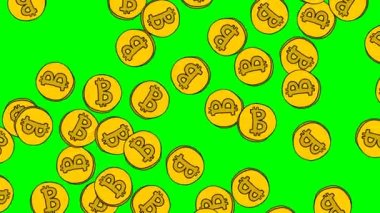 Birçok bitcoin madeni para düşüyor. Yeşil ekran arka planına el çizimi dijital para birimleri. 4K içinde ekran koruyucu canlandırması.