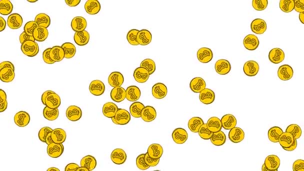 Wiele Bitcoinów Spada Ręcznie Rysowane Monety Waluty Cyfrowej Białym Tle — Wideo stockowe