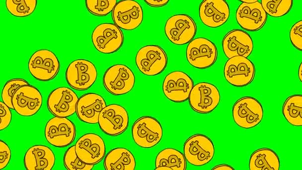 Muitas Moedas Bitcoin Caindo Moedas Desenhadas Mão Moeda Digital Fundo — Vídeo de Stock