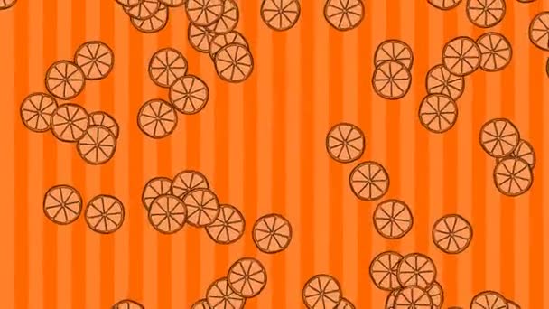 Mnoho Pomerančových Plátků Ovoce Padá Oranžové Pruhované Pozadí Karikatura Ručně — Stock video