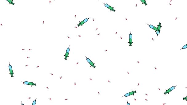 Pilulky Injekční Stříkačky Padající Bílém Pozadí Ručně Kreslené Animace Spořiče — Stock video