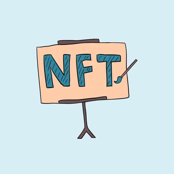 NFT Non ödenebilir jetonu. Dijital şifreleme sanatı. Tuvali boyayan ressamlara NFT metin çizimi. El çizimi karikatür.