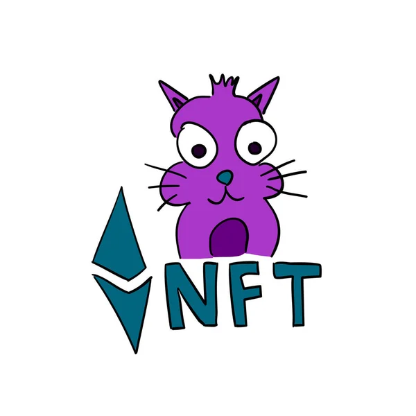 Funny Pink Nft Crypto Cat Animal Non Fungible Token Sign — Stock Vector