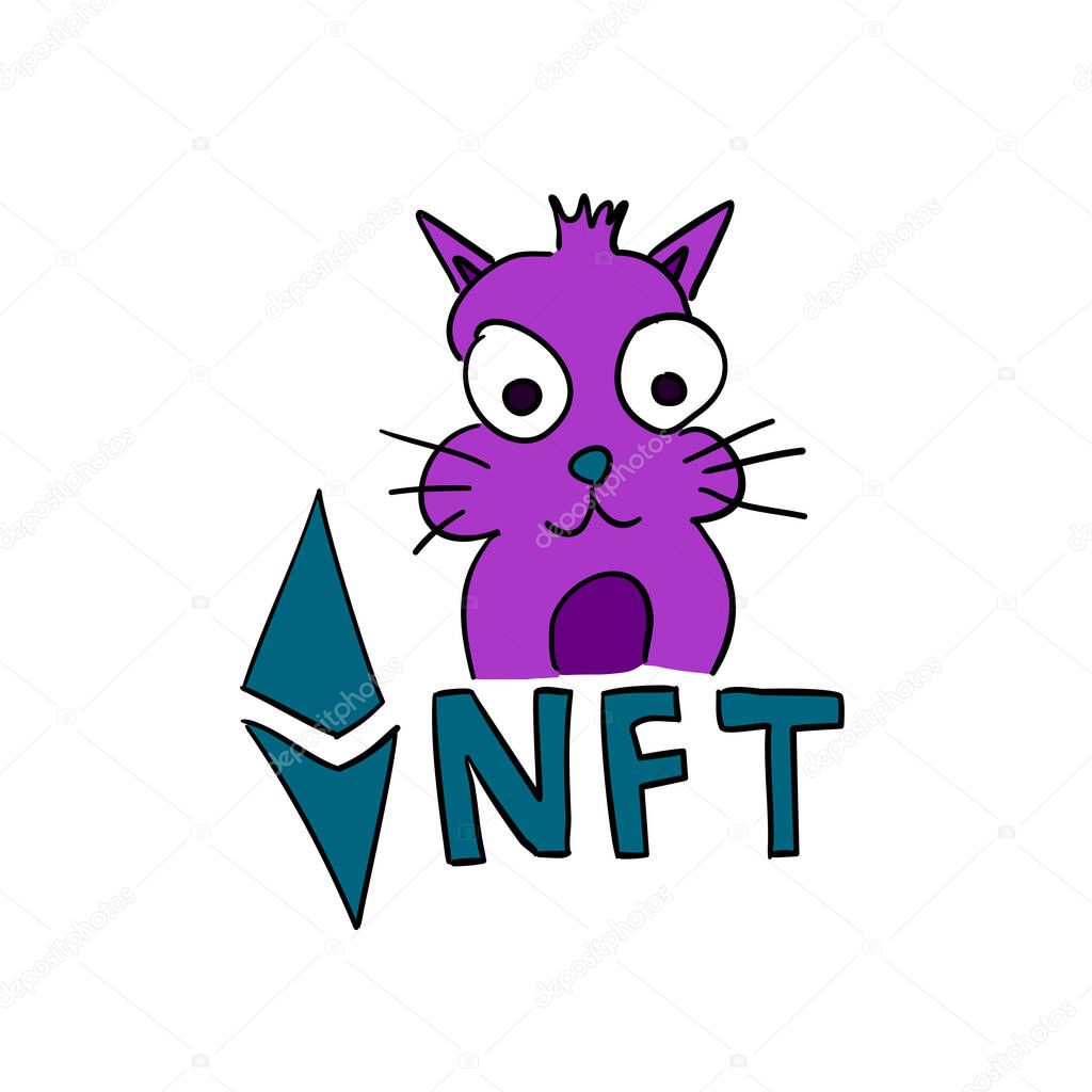 Funny pink NFT crypto cat animal. Non fungible token sign. Hand drawn comic illustration.
