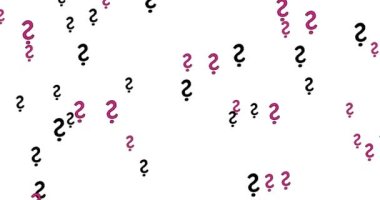 Birçok soru rastgele uçuşuyor. Sorgulama konsepti - neden, kim, nerede, ne zaman. Beyaz arka plan. 4K canlandırması.