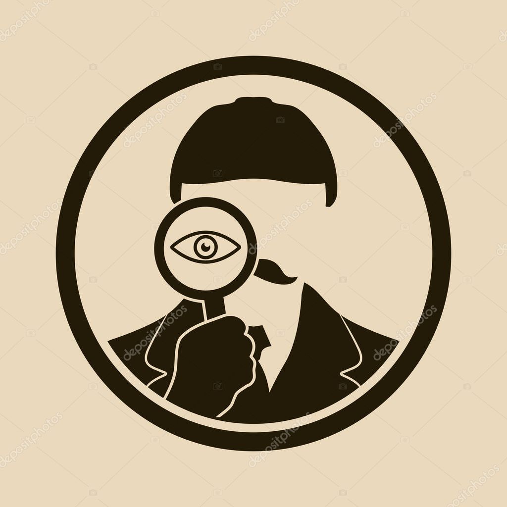 Creative vector illustration of a detective logo featuring a mysterious man with a hat, mustache, and magnifying glass showing an eye inside