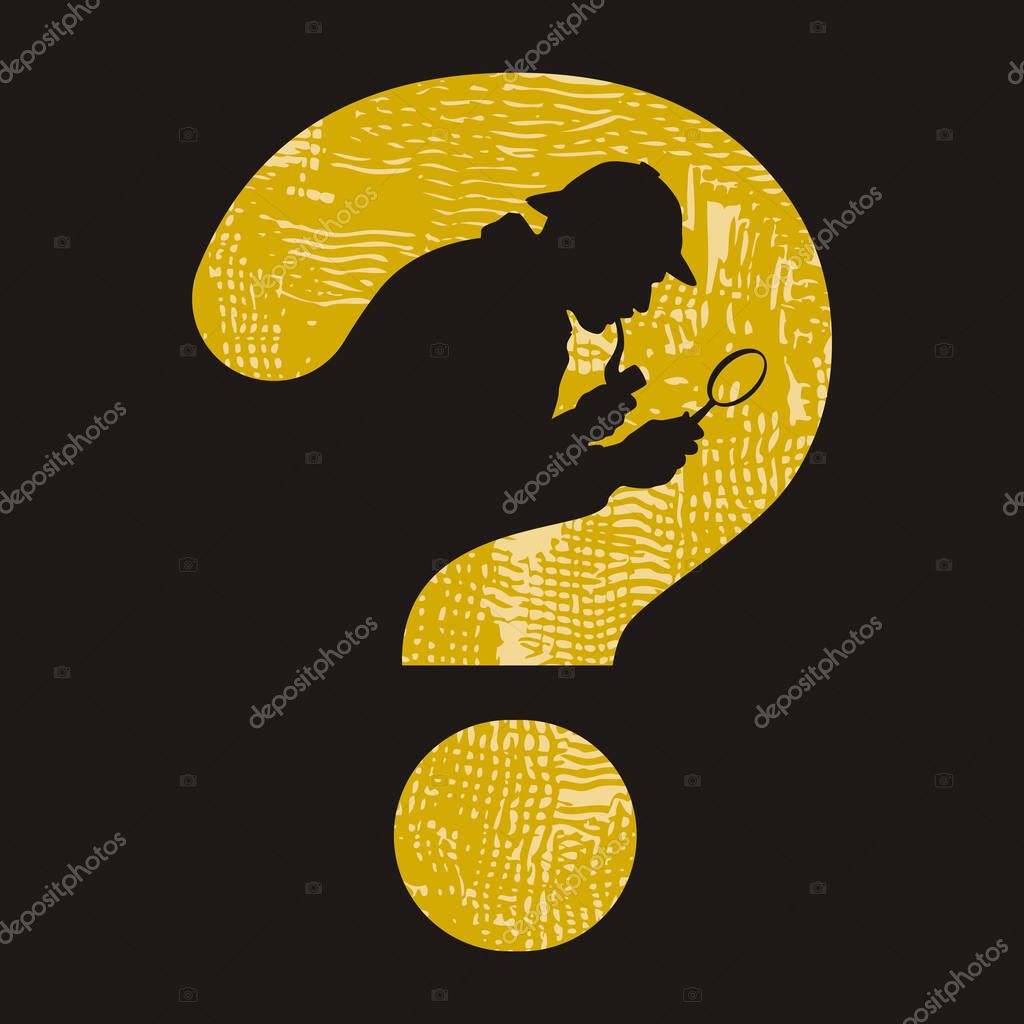 Vector illustration featuring the silhouette of a detective holding a magnifying glass inside a large stylized question mark