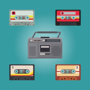 Renkli müzik, analog ses teknolojisi, nostalji ve 1980 ve 1990 'lardan kalma klasik medyayı temsil eden renkli ses kasetleri ile çevrili klasik bir kaset kaydedicinin düz vektör çizimi
