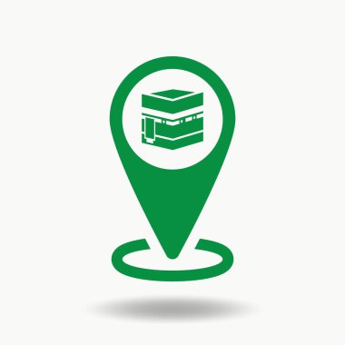 Kabe sembolünün yeşil olduğu minimalist konum simgesi. Hac ve Umrah temaları, İslami seyahat rehberleri, cami konumu işaretleyicileri, Qibla yön uygulamaları, hac hizmetleri ve dini harita arayüzleri için uygundur.