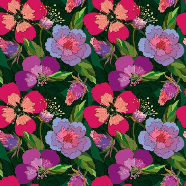 Koyu bir arkaplanda gelincik ve devedikeni deseni.