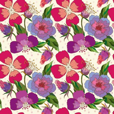 Bej bir arka planda gelincik ve devedikeni desensiz deseni