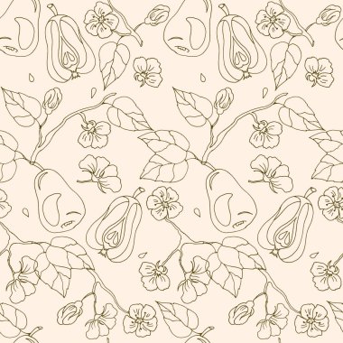 Biçimlendirilmiş armut meyveleri ve çiçeklerle kusursuz desen, yapraklı dallar, bej bir arka plan