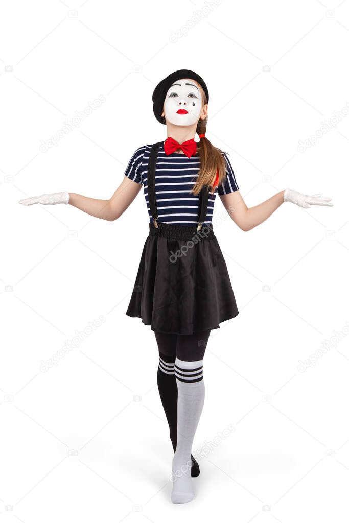 teenage girls in the image of mimes with makeup on their faces, isolate on a white background