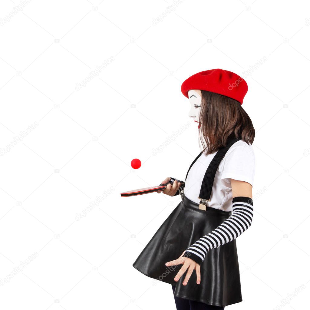 teenage girls in the image of mimes with makeup on their faces, isolate on a white background