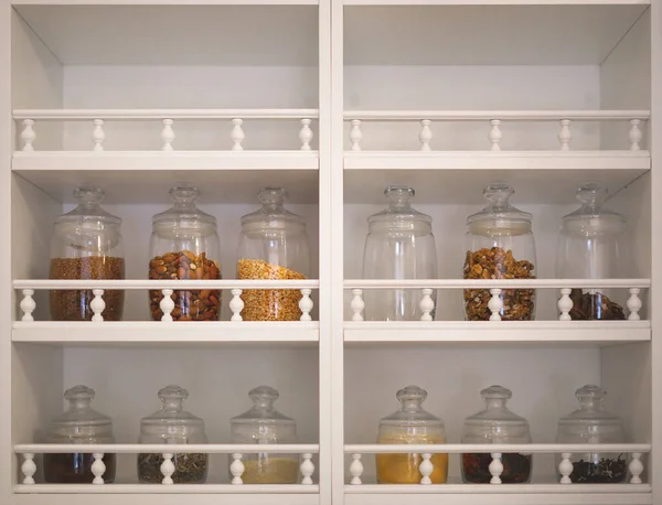 Kitchen Cabinet Open Shelves Which Glass Jars Spices Cereals Seasonings — Stok fotoğraf