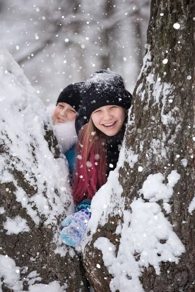 Ragazze Giacche Calde Cappelli Giocano Parco Invernale — Foto Stock