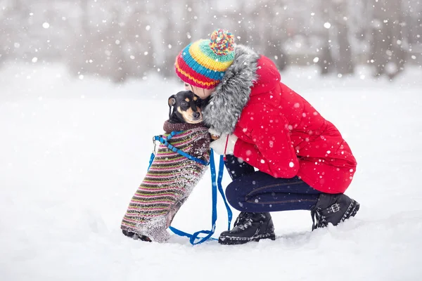 Ragazza Scarpe Nere Passeggio Con Cane Guinzaglio Parco Invernale Sentiero — Foto Stock