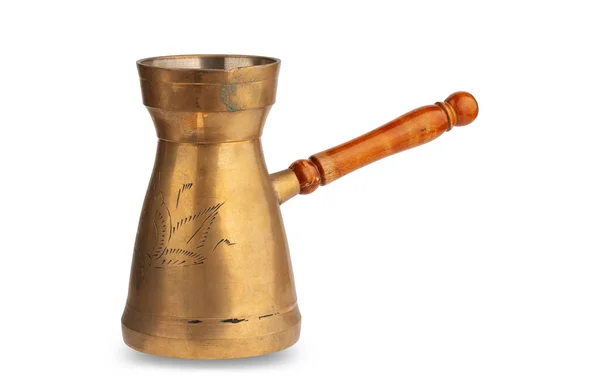 绿松石 铜咖啡壶 有木制把手 在白色背景上隔离 — 图库照片