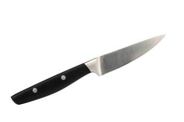 Siyah plastik saplı paslanmaz çelik bıçak, beyaz arka planda yalıtılmış.