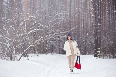 Beyaz ceketli ve kürklü bir kadın kış ormanında yürüyüşe çıkmış.