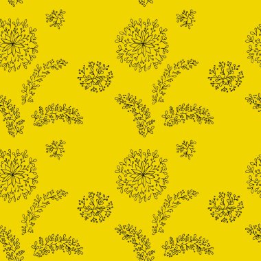 Kusursuz bitki deseni, biçimlendirilmiş yapraklar ve sarı arkaplanda dallar.