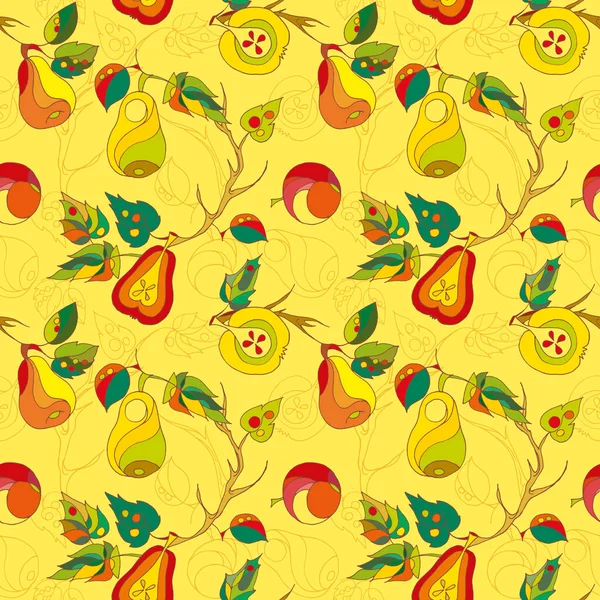 Bezszwowy Botaniczny Wzór Stylizowanych Jabłek Gruszek Liśćmi Żółtym Tle — Wektor stockowy