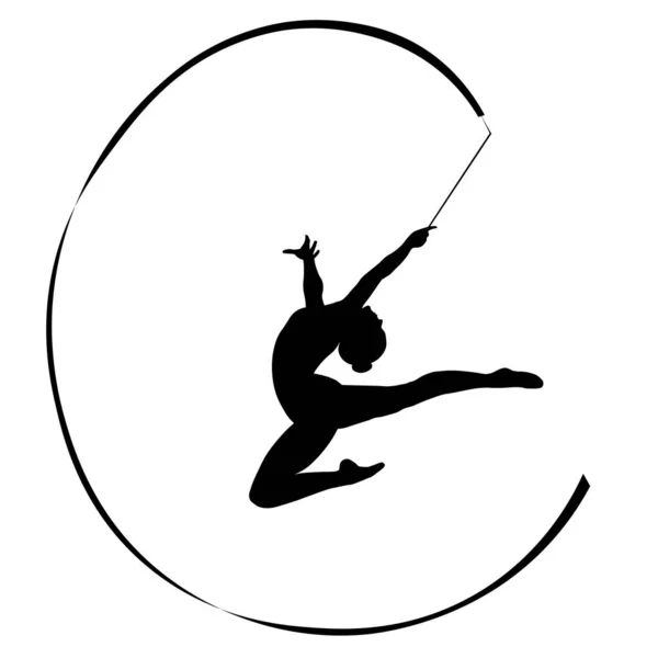 人間のシルエット 体操のリボン ジャンプ 黒と白の図面で — ストックベクタ
