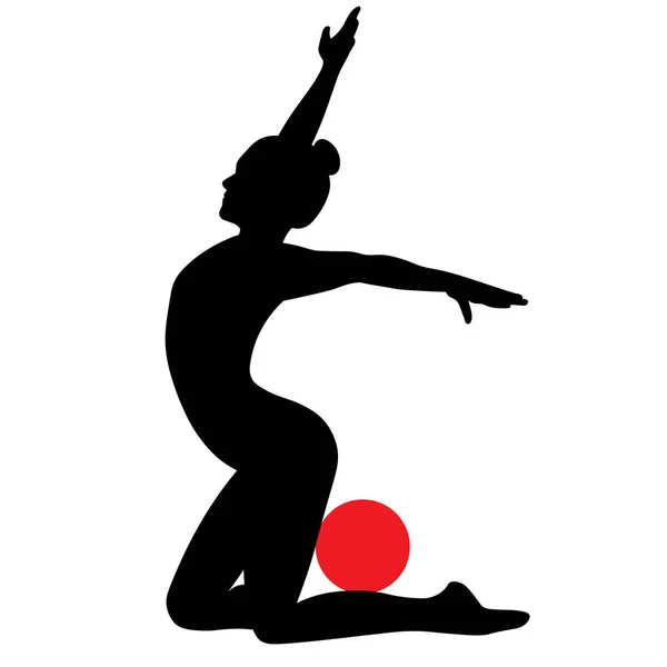 スポーツ女子 オブジェクトボールとリボンの練習の図の黒と白のシルエットのイメージ — ストックベクタ