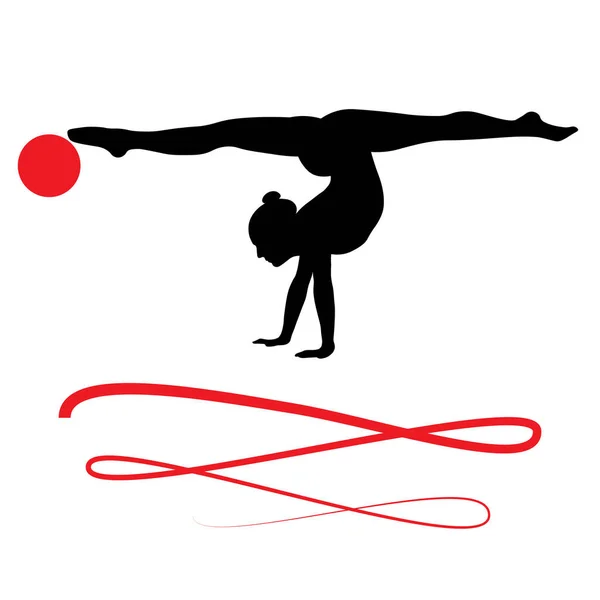 Schwarz Weiß Silhouettenbild Der Figuren Von Sportlerinnen Turnen Übungen Mit — Stockvektor