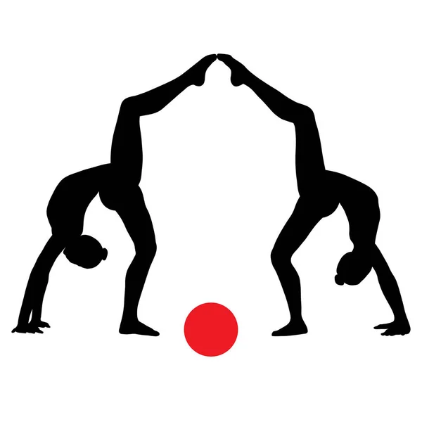 Schwarz Weiß Silhouettenbild Der Figuren Von Sportlerinnen Turnen Übungen Mit — Stockvektor