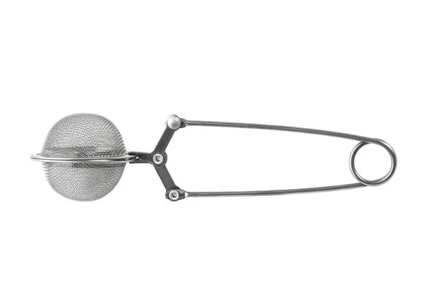 Çay demlemek için beyaz metal süzgeç, mutfak aracı, beyaz arkaplanda izole et