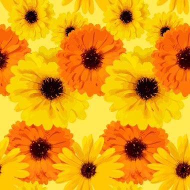 Sarı arka planda kusursuz çiçek deseni ya da kasımpatı çiçekleri.