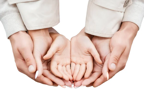 Üç çift el, aile, baba, anne ve çocuk, beyaz bir arkaplanda izole edilir.