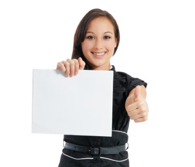 Young businesswoman holding at blank card in her hand
