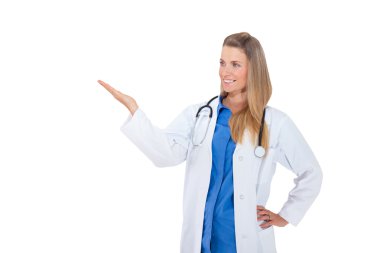 Nurse or Doctor showing copy space isolated on white. background