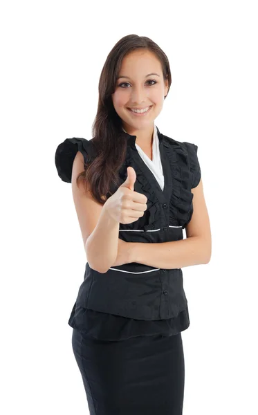 Sorrindo mulher de negócios mostrando polegares para cima sinal — Fotografia de Stock