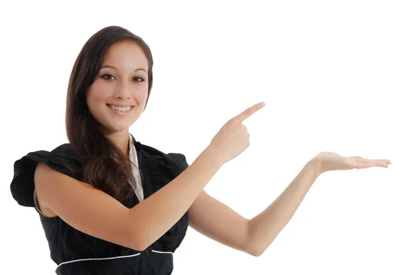 Business woman pointing white copy space — Stockfoto