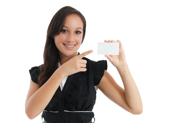 Businesswoman holding white blank empty billboard sign with copy — Stok fotoğraf