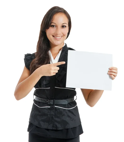 Businesswoman holding white blank empty billboard sign with copy — Φωτογραφία Αρχείου