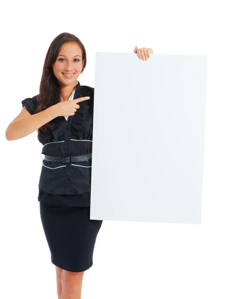 Businesswoman holding white blank empty billboard sign with copy — Stock fotografie