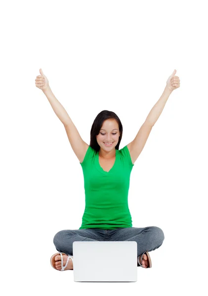 Successful woman holding arms up, success! — Stockfoto