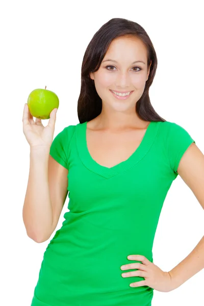 Healthy Lifestyle - Happy woman eating an apple — Stockfoto