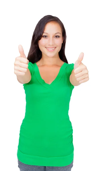 Portrait of beautiful young success woman giving thumbs up — Stockfoto