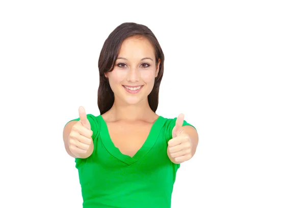 Portrait of beautiful young success woman giving thumbs up — Stockfoto