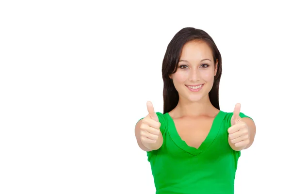 Portrait of beautiful young success woman giving thumbs up — Stockfoto