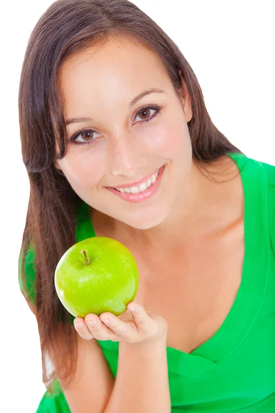 Healthy Lifestyle - Happy woman holding an green apple — Zdjęcie stockowe