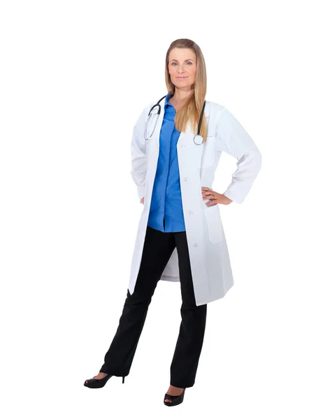 Young doctor standing on white copyspace — Stockfoto